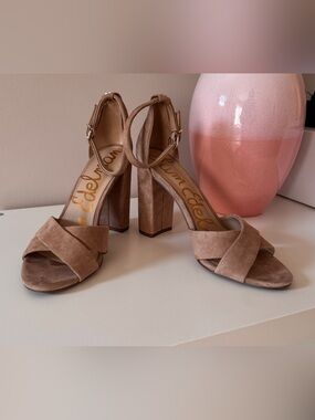 Sam Edelman Taupe Suede Crisscross Block Heel Sandals with Ankle Strap